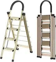 Step Ladder 4 Step, Multifunctional 2-Purpose Folding Step Stool + Drying Rack, Aluminum Alloy Folding Ladder 150KG Capacity for Roof Work Indoor Cleaning (Gold)
