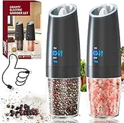 RECHARGEABLE - Gravity Electric Pepper and Salt Grinder Set, Adjustable Coarseness, With LED Light, One Hand Automatic Operation, Stainless Steel Black