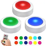 Novelty Place LED Puck Lights with Remote Control - Dimmable Under Cabinet Closet Lighting - Battery Operated Tap Lights - 12 Preset RGB Color Changing Adhesive Sticky Night Light with Timer (3 Pack)