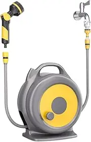Retractable garden hose reel, 1/2-inch x 65-foot wall-mounted hose reel, with 10 functional sprayer nozzles, arbitrary length locking/slow return system/portable