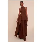 Chocolate Woven Halterneck Pleated Underlay Maxi Dress, Chocolate
