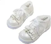 [ZRDSZWZ] Reliable WomenShoes Autumn Winter Warm Lining Lace-up Leather Shoes Retro Round Toe Bowknot Sweet Princess Shoes (Color : White, Size : 4.5 UK)