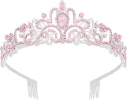 Pink Opal Tiara Crowns for Women Girls, Princess Crown with Combs Tiaras for Wom