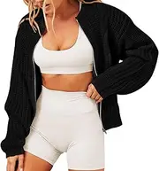 [KBQLXPKJW] Women Crewneck Zipper Sweaters, Casual Long Sleeve Full Zip Up Hooded Sweater Coat with Pockets, Winter Hoodies Pullover Sherpa Fleece Warm Heavyweight Sweatshirt Black/180