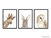 Watercolour Giraffe, Bunny, and Owl Print Set - nursery animal artwork