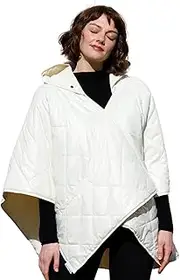 [Rainraps] Pufferrap | Women’s Rain Puff Pashmina Poncho Wrap Shawl Quilted Cape Water-Repellent, Reversible & Hooded Wrap, Ivory, One Size