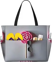 [Ghjkfbf] Lollipop Print Large Capacity Beach Travel Bag For Family, Beach Tote Bag For Women With Zipper Pockets, Black, One Size