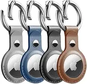 (4 Pack) T Tersely PU Leather Case Cover Holder with Keychain for Apple Airtag, Key Ring,Anti-Scratch Anti-Lost Protective Accessories Case with Keyring for Airtag -Black+Blue+Brown+Grey