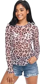 [RPLIFE] Leopard Print Soft Rose Womens Mesh Long Sleeve Top, Transparent Top S-XXL