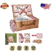 Large Insulated Wicker Picnic Basket with Blanket and Cutlery for 2 Persons