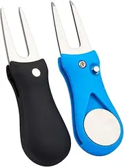 Golf Divot Repair Tool, 2 Pack Divot Fork with Magnetic Button Ball Marker, Stainless Steel Foldable Pop-up Divot Turf Fork Metal Putting Fork Golf Green Tool for Golfers, Black & Blue