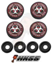 4 Black Custom License Plate Frame Tag Screw Cap Covers - ZOMBIE OUTBREAK MDE