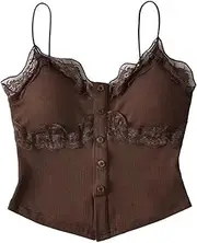 [Generic] Women's V-Neck Camisole Lace Trim Button Front Ribbed Slim Fit Built-in Chest Pad Tank Top