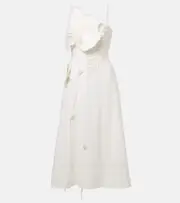 [Farm Rio] Farm Rio Floral-appliqué linen-blend midi dress AU 16 white