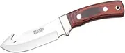 Skinning knife Joker "OSO D" CR55, 12 cm MOVA blade, Stamina Wood Handle, brown leather Sheath, toothed spine, Tool for fishing, camping and hiking