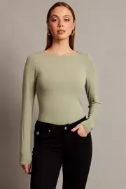 Green Top Long Sleeve Boat Neck Modal - Size XXS, Women's T-shirt