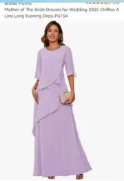 PUXIU Round Neck 3/4 Sleeve Chiffon A-Line Formal Dress. Lilac. Sz 20. PU194
