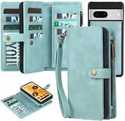 Yidai-Silu Google Pixel 7 Flip Case【Wallet,Detachable 】 Magnetic Closure Zipper Case Pockets Wrist Strap Card Holder Kickstand Slots Folio Cover for Google Pixel 7 6,4” - Blue