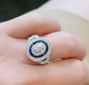 Oval Shaped 18ktwg Natural Diamond & Blue Sapphires Fashion Engagement Ring