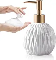Ceramics Gold Soap Dispenser for Bathroom, Relief Soap Dispenser for Kitchen Sink, 400ml/13.5Oz Refillable Liquid Hand Soap Dispenser with Gold Pump (White)