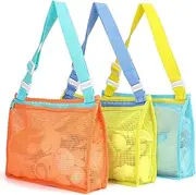Tagitary Beach Toy Mesh Beach Bag Kids Shell Collecting Bag Beach Sand Toy Totes for Holding Shells Beach Toys Sand Toys Swimming Accessories for Kids (Only Bags,A Set of 3)