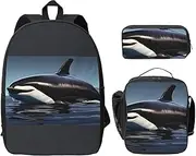[JEJEA] Orca Killer Whale print print Backpack 3Pcs Backpack with Lunch Box and Pencil Pouch Lightweight School Backpack, Black, One Size