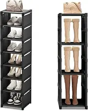 8-Tier Vertical Shoe Rack,Narrow Tall Metal Shoe Organizer,Space-Saving Stackable Shoe Storage Shelf for Entryway, Closet, Hallway,Adjustable Free-Standing Shoe Tower for Boots and Bags,Black
