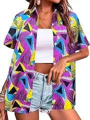[BEIDEFY] 80s 90s Outfits for Women Retro Theme Party Button Up T-Shirt Neon Short Sleeve Blouse Tops