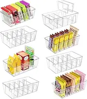 Puricon 8 Pack Pantry Organization and Storage Bins for Kitchen Fridge Countertop Cabinet, Stackable Clear Plastic Storage Containers with Removable Dividers, 5 Compartments for Food Snacks Spices