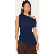 Navy Textured Ruched Asymmetric Long Top, Navy