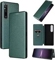 [AAOCLO] Luxury Business Phone Shell Compatible with Sony Xperia 1 V 1V flip Cover Carbon Fibre Card Slots Wallet Leather Stand Holder (Green,Xperia 1 V)