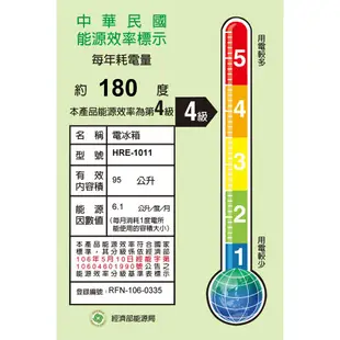 【福利品】HERAN禾聯 95L 4級定頻單門小冰箱 HRE-1011