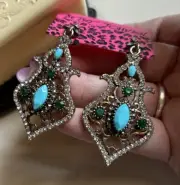 BETSEY JOHNSON CHANDELIER EARRINGS Turquoise/Emerald Green Crystal Goldtone NWT