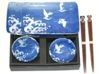 SET of 4 Japanese Sushi Sashimi Dinnerware Set w/ Chopsticks Crane Made in Japan