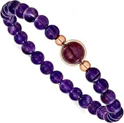 [JewelryWeb] Stainless Steel Polished Rose Ip Plated Amethyst Bead 18 Centimeters Stretch Bracelet 7mm Wide-Stretch-Bracelet for Women