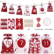 24PCS Christmas Advent Calendar Countdown XMAS Gift Bag DIY Party Hanging Decor