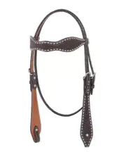 Western Brown Browband Hand Tooled Headstall with Natural Buckstitched