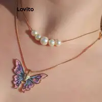 在飛比找蝦皮商城優惠-Lovito 休閒紮染蝴蝶珍珠雙層芭比奇幻女項鍊 LCS05
