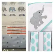 Peanut Shell Elephant Themed Fitted Crib Sheet + Hooded Towel & Wash cloths NWT