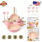 Elegant Nonstick Induction Cookware Set - 16 pcs in Tender Pink - Gift Ready