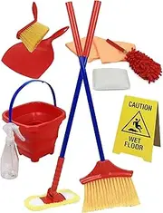 Click n' Play 10 Piece Kids Pretend Play Cleaning Set, Water Bucket, Cleaning Agent Bottles, Broom, Mop, Duster, Wet Floor Sign, Brush and Dustpan