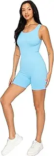 [LA12ST] Women Premium Workout Seamless Slimming Romper Yoga Ribbed Bodycon Sculpting One Piece Tank Top Leggings, Light Blue, Medium