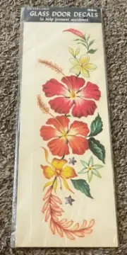 Vintage Meyercord Glass Door Decal - Hawaiian Flowers, Hibiscus, 13”
