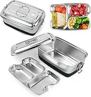 Stainless Steel Lunch Box 2000 ml, Double Metal Lunch Box with 3 Compartments, Leak-proof Lunch Box with Sealing Ring for Food, Sandwich, Salad, Fruit, Protable Bento Box for Children and Adults
