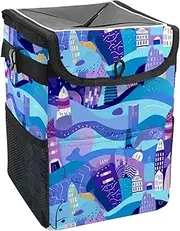 Car Trash Can with Lid and Storage Pockets Leak-Proof Organizer,Waterproof Garbage Can,Abstract City Floral Striped