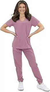 Green Town GT 4FLEX Athletic Slim Fit Jogger Top and Pant Medical Nursing Uniform Scrubs for Women Set, Mauve, Large