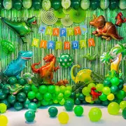 104pcs Dinosaur Party Decorating Set - Birthday Banner - Jungle Foil Curtains - Dinosaur Foil Balloons - Palm Leaves - Folding Fans