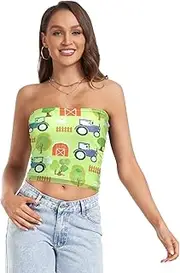 [RPLIFE] Cheerful Tractors Crop Tube Top Strapless Top, Sheer Tube Tops, Trendy Crop Tops (S)