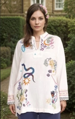 Johnny Was 3x Cream Gauze Peasant Tunic Top Cute Embroidery Kimono Pullover NWT