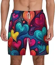 [Sipumia] Mens Heart-Shaped Printed Swimming Trunks with Compression Liner 2 in 1 Quick-Dry Beach Swim Shorts with Pockets